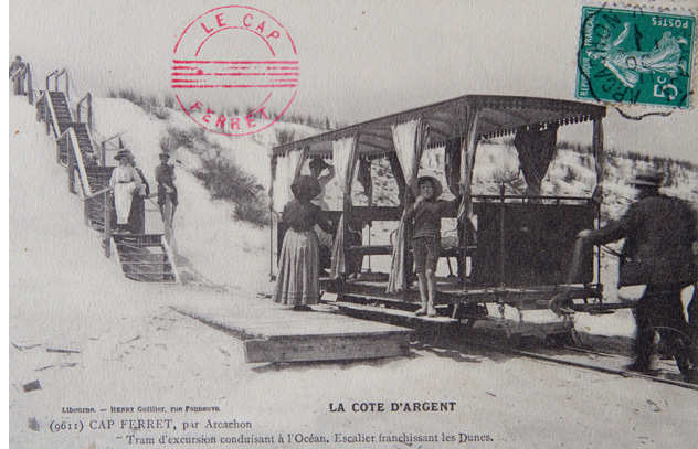Carte postale ancienne interactive en 3D du tramway des dunes au Cap Ferret